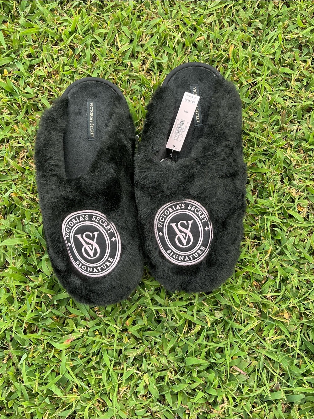 Victoria's Secret Black Plush Signature Logo Slide Slippers